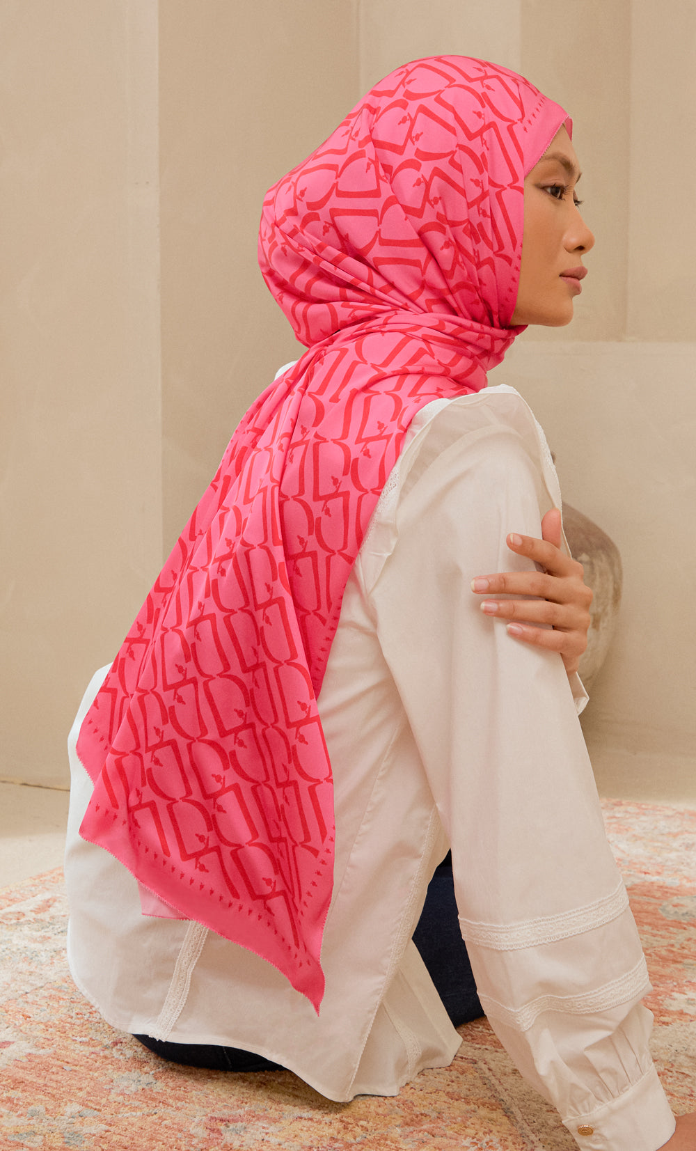 D Monogram dUCk Satin Silk Shawl in Strawberry Slush