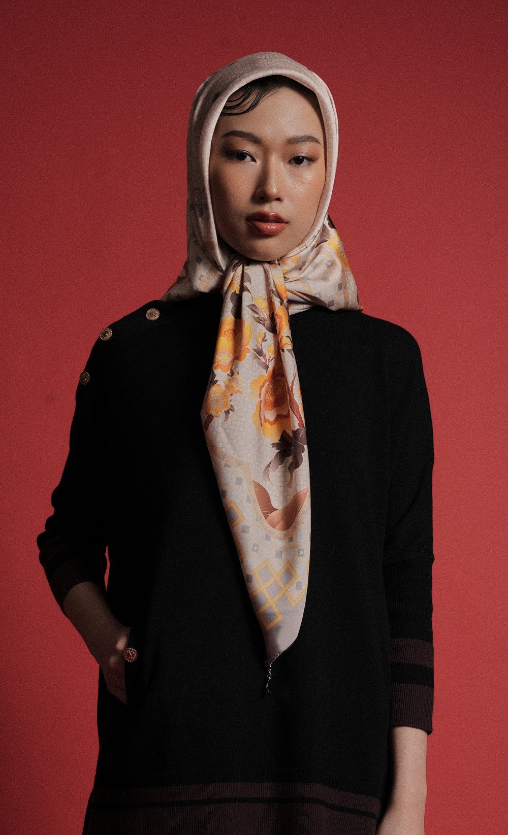 The Oriental dUCk Satin Silk Square Scarf in Autumn Mooncake