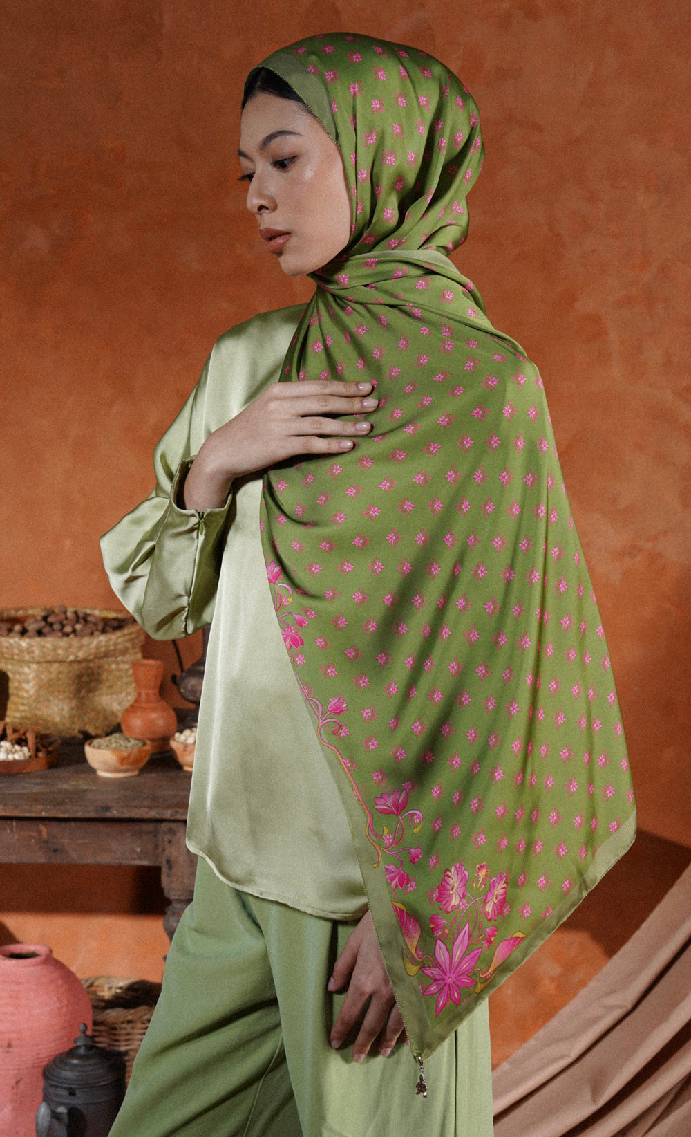 The Spice dUCk Satin Silk Shawl in Cardamom