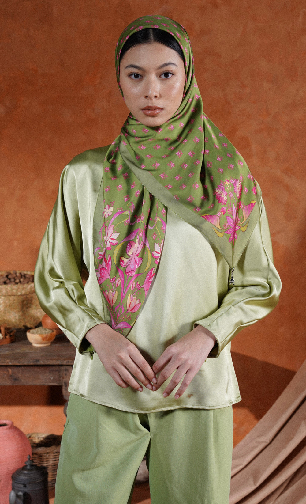 The Spice dUCk Satin Silk Square Scarf in Cardamom