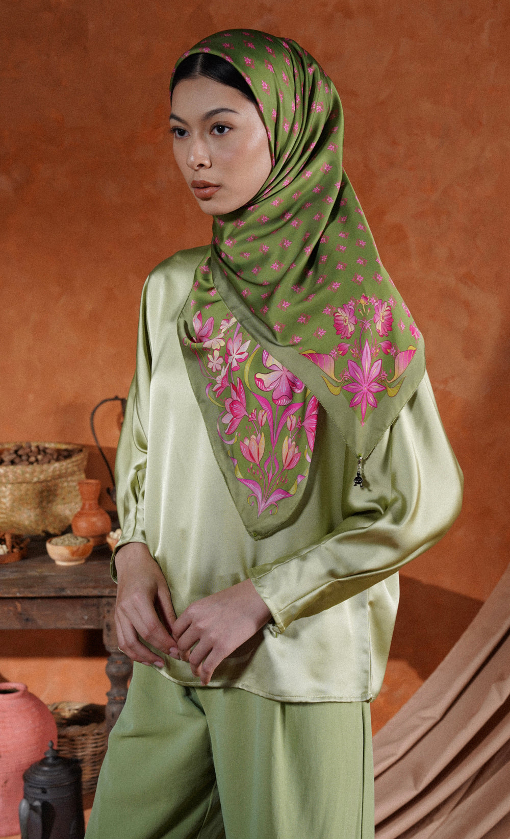 The Spice dUCk Satin Silk Square Scarf in Cardamom