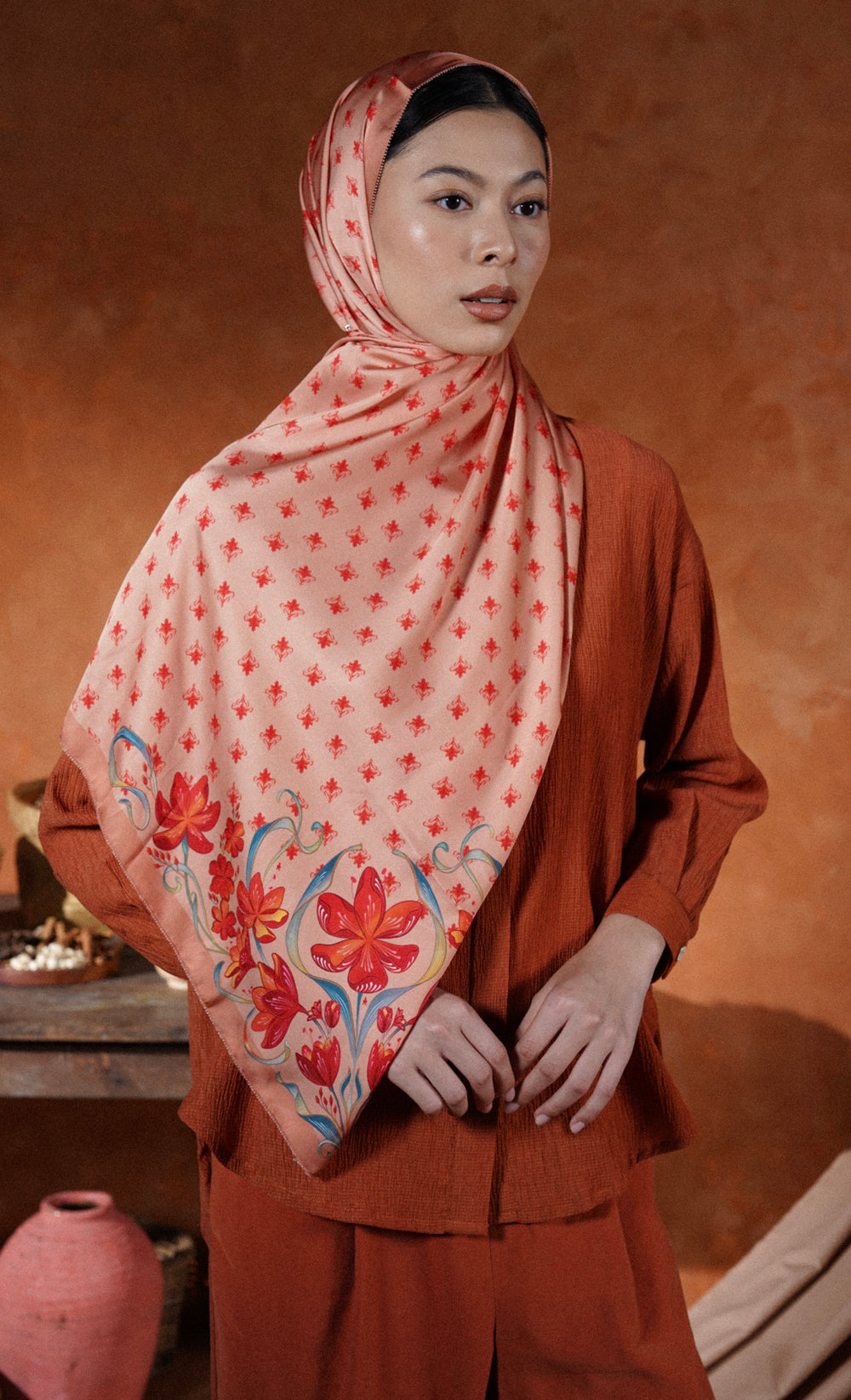 The Spice dUCk Satin Silk Shawl in Cinnamon