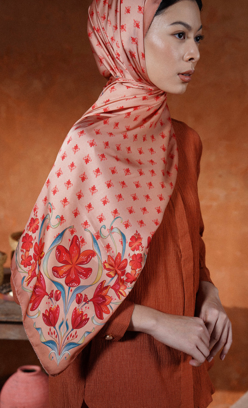 The Spice dUCk Satin Silk Shawl in Cinnamon