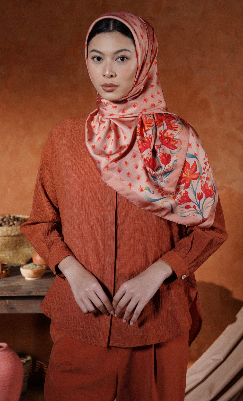 The Spice dUCk Satin Silk Square Scarf in Cinnamon