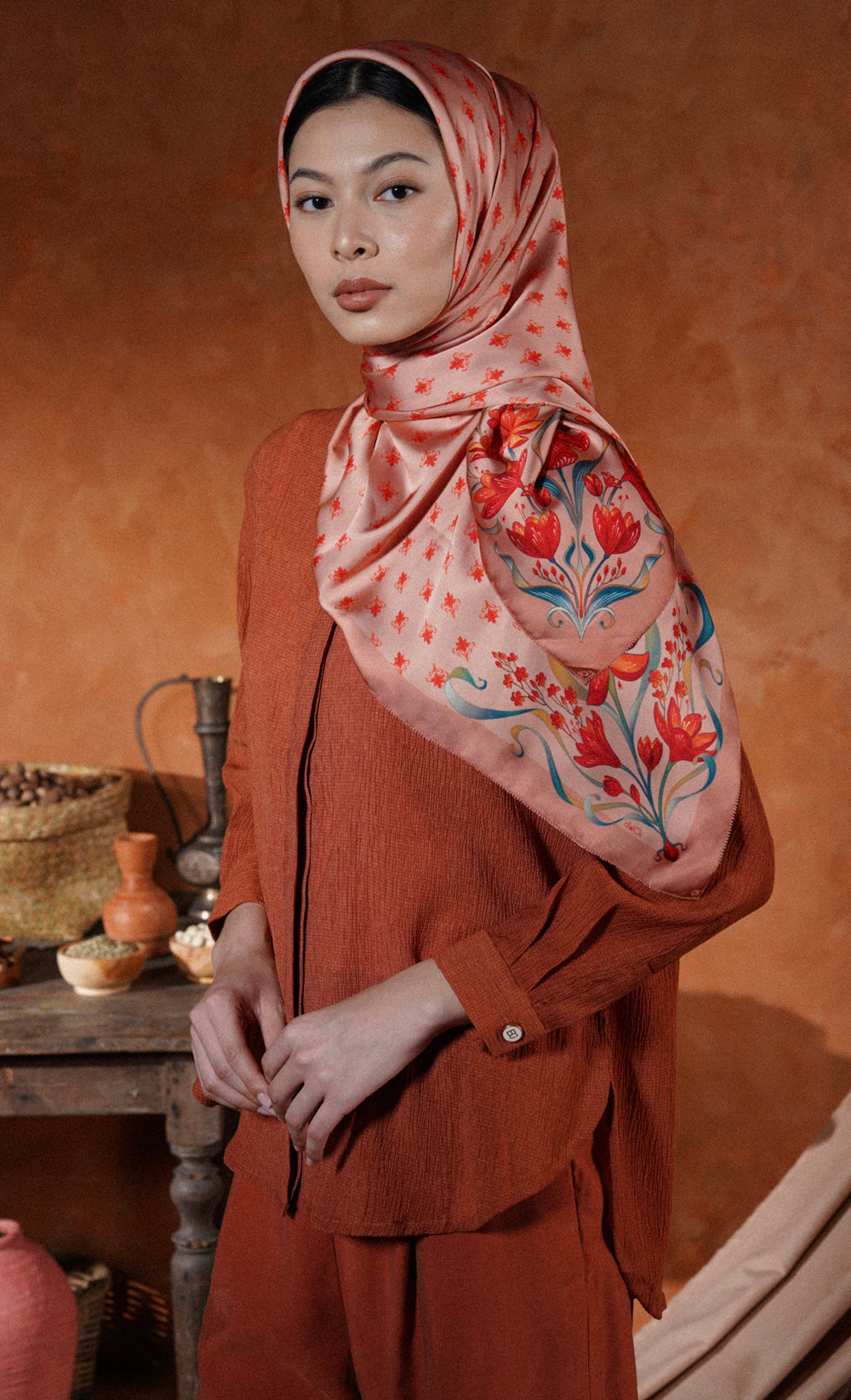 The Spice dUCk Satin Silk Square Scarf in Cinnamon