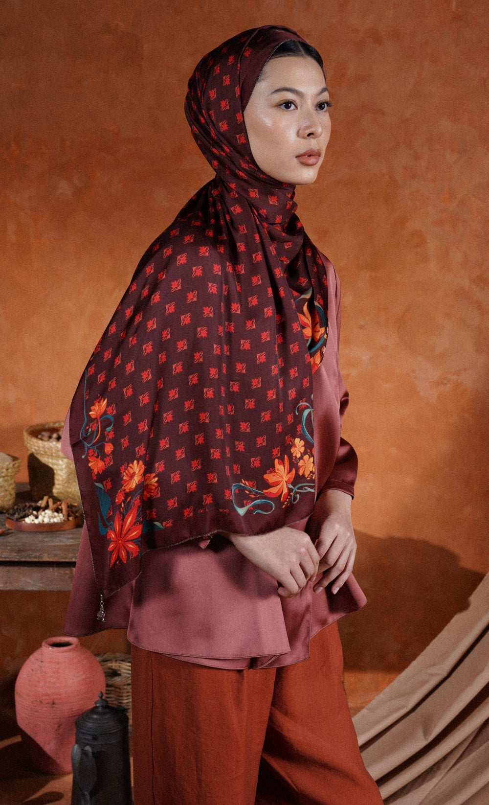 The Spice dUCk Satin Silk Shawl in Clove