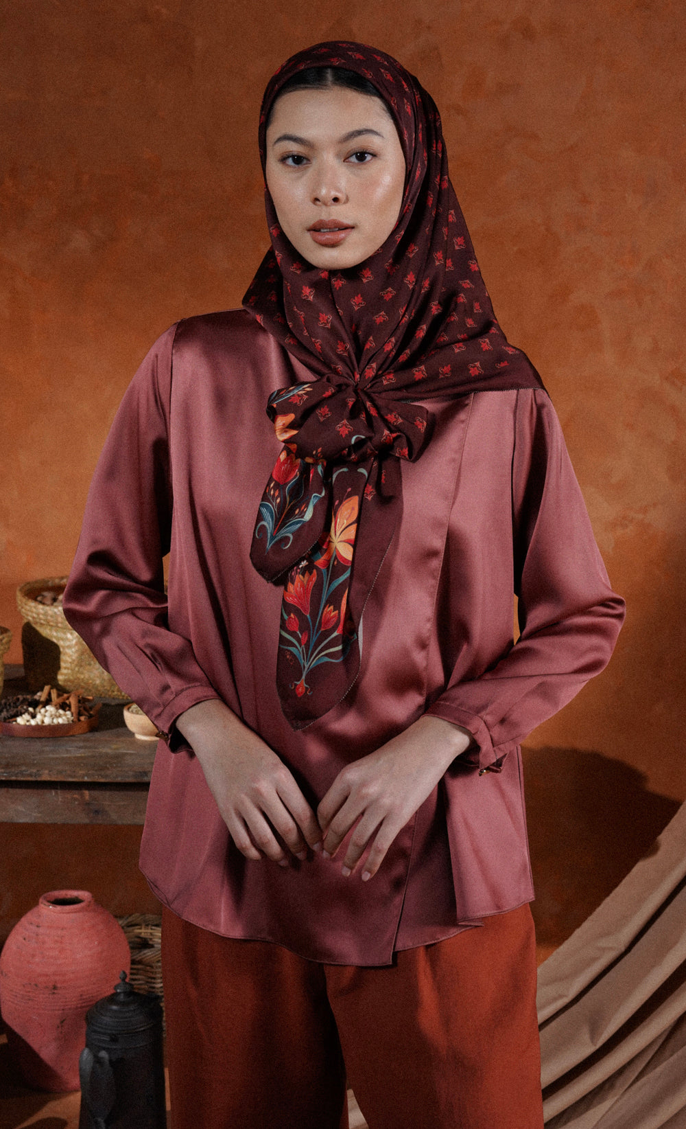 The Spice dUCk Satin Silk Square Scarf in Clove