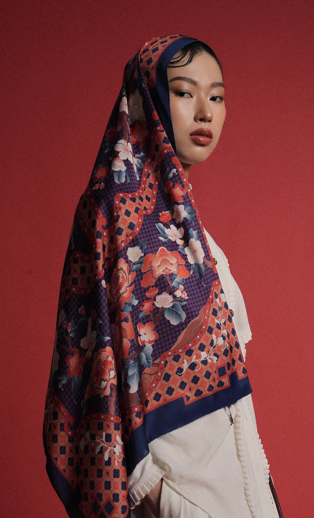 The Oriental dUCk Satin Silk Shawl in Midnight Lotus