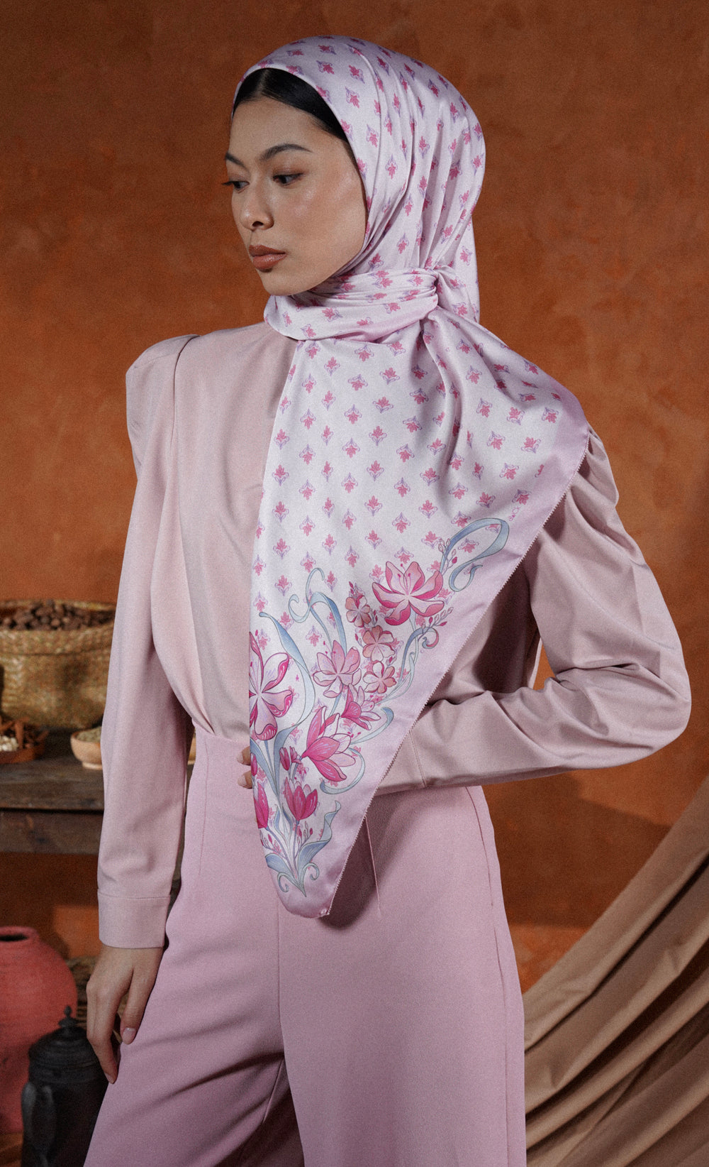 The Spice dUCk Satin Silk Square Scarf in Pink Pepper