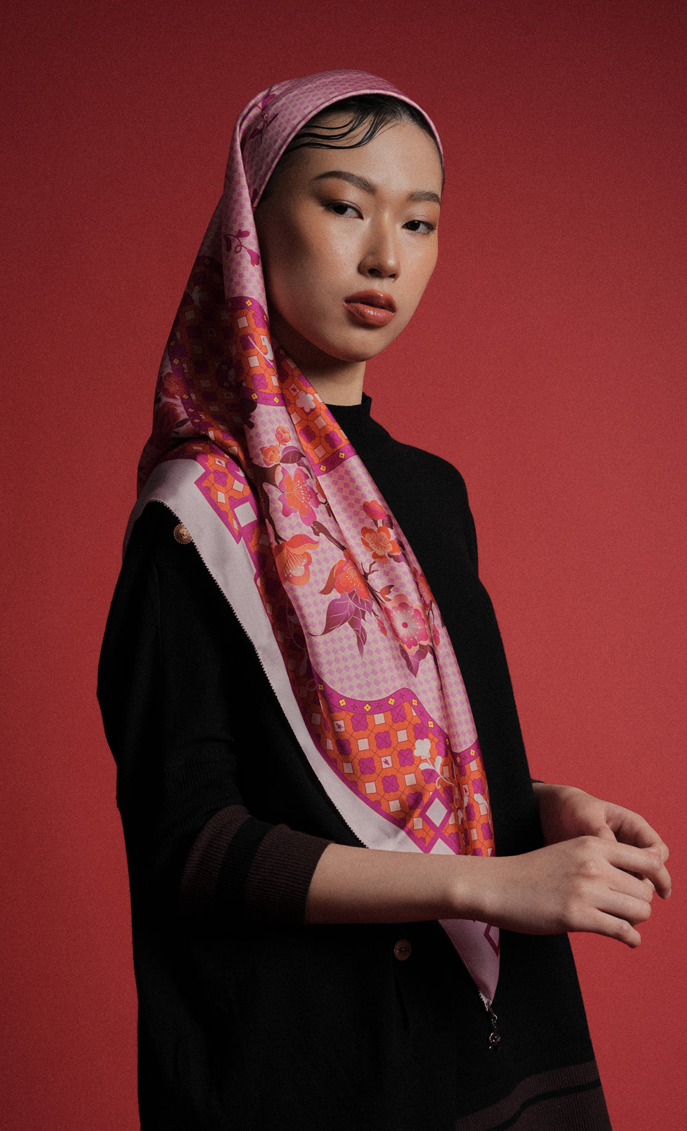 The Oriental dUCk Satin Silk Square Scarf in Peach Blossom