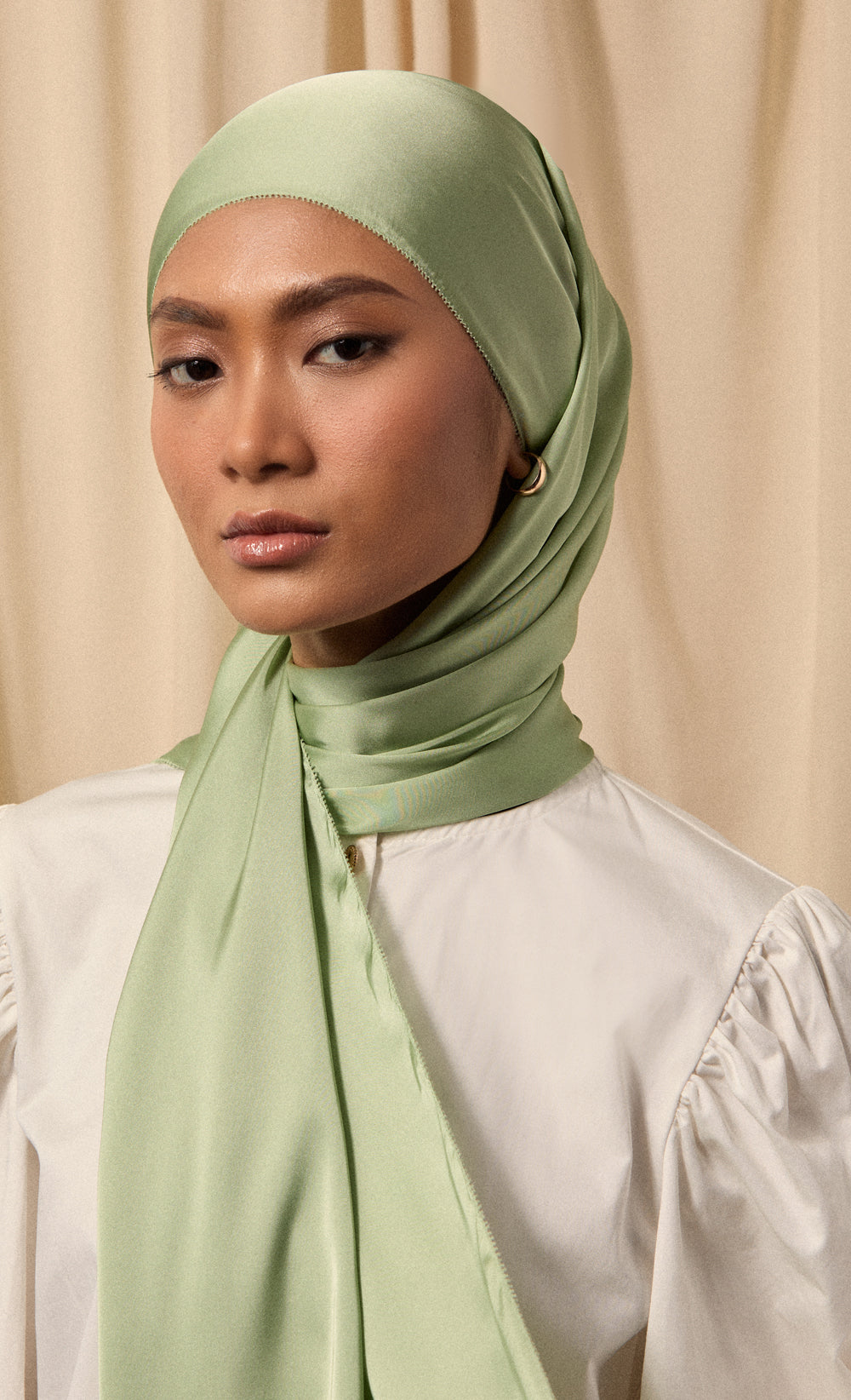 Satin Silk Shawl in Mint Cream