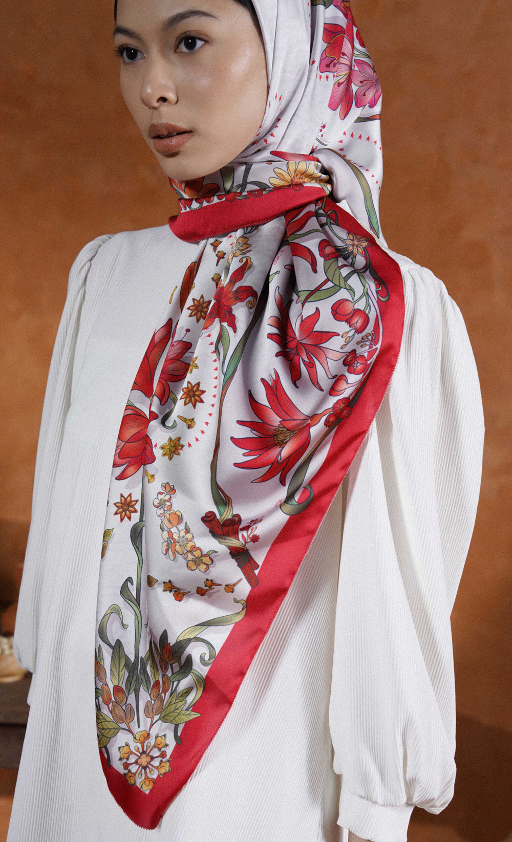 The Spice dUCk Satin Silk Square Scarf in Paprika