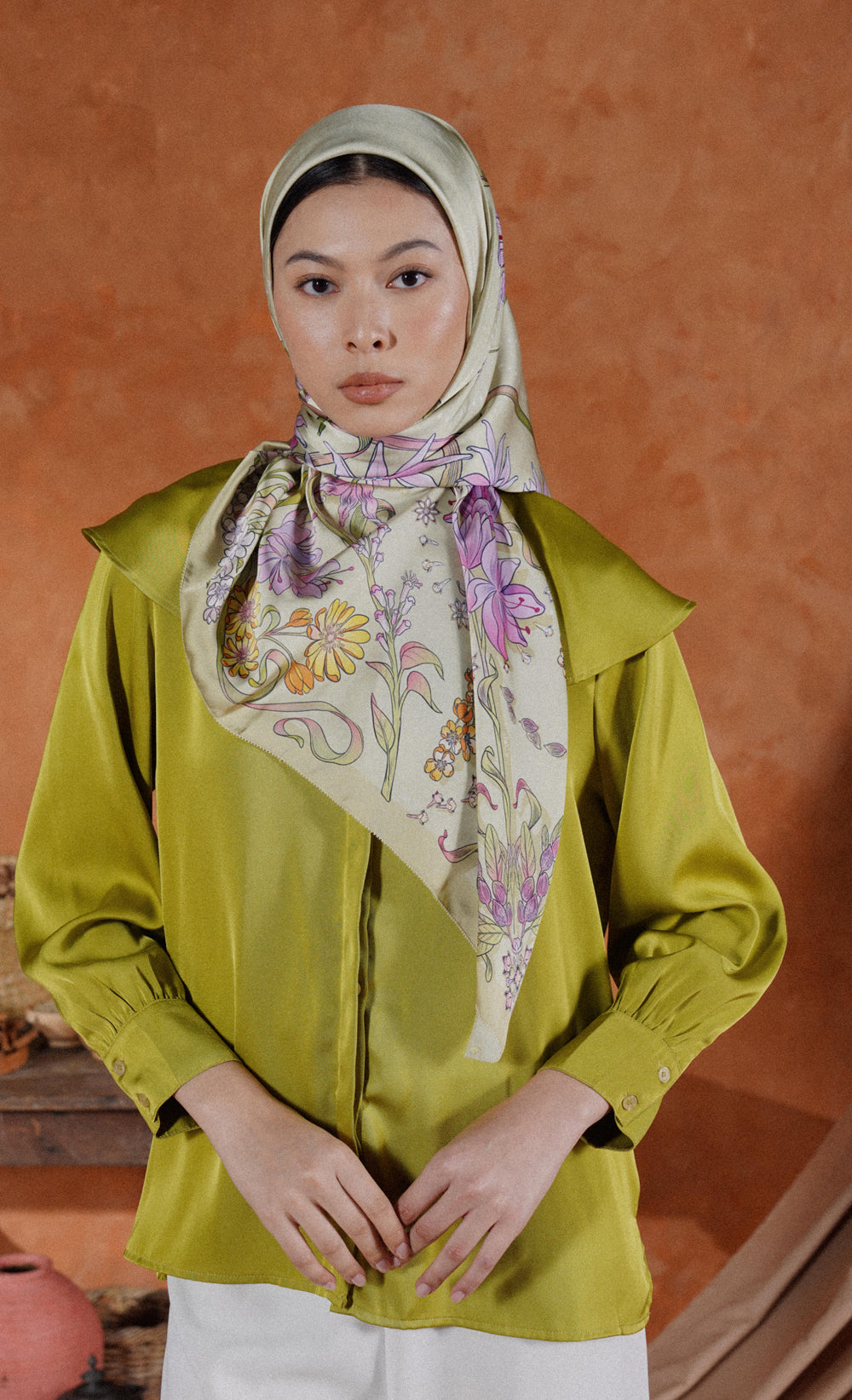 The Spice dUCk Satin Silk Square Scarf in Sage